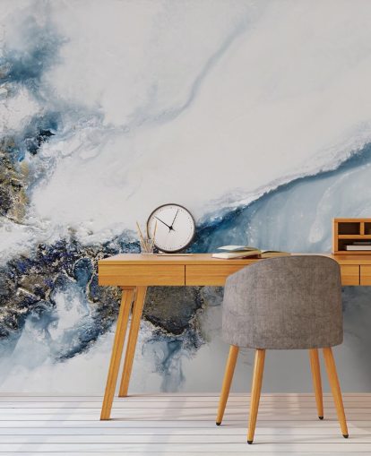 white, blue and gold custom abstract wall mural called Transcending by Petra Meikle de Vlas for bedrooms, kitchens and bathrooms