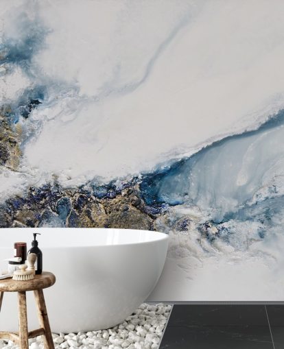 white, blue and gold custom abstract wall mural called Transcending by Petra Meikle de Vlas for bedrooms, kitchens and bathrooms