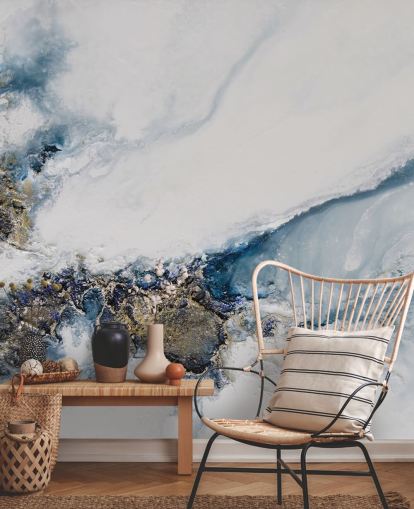 white, blue and gold custom abstract wall mural called Transcending by Petra Meikle de Vlas for bedrooms, kitchens and bathrooms