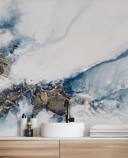 white, blue and gold custom abstract wall mural called Transcending by Petra Meikle de Vlas for bedrooms, kitchens and bathrooms