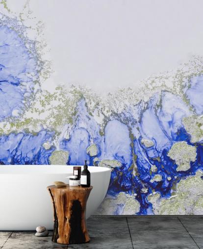 mural de parede abstrato personalizado em azul e dourado chamado Treasure Reef de Petra Meikle de Vlas mural de parede abstrato personalizado em azul e dourado chamado Treasure Reef de Petra Meikle de Vlas