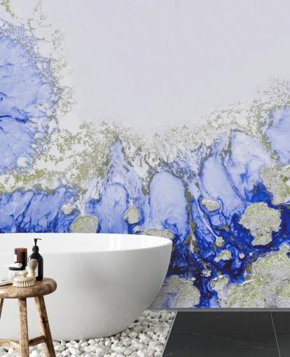 maßgefertigtes abstraktes Wandbild in Blau und Gold namens Treasure Reef von Petra Meikle de Vlas maßgefertigtes abstraktes Wandbild in Blau und Gold namens Treasure Reef von Petra Meikle de Vlas