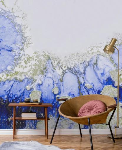 mural de parede abstrato personalizado em azul e dourado chamado Treasure Reef de Petra Meikle de Vlas mural de parede abstrato personalizado em azul e dourado chamado Treasure Reef de Petra Meikle de Vlas