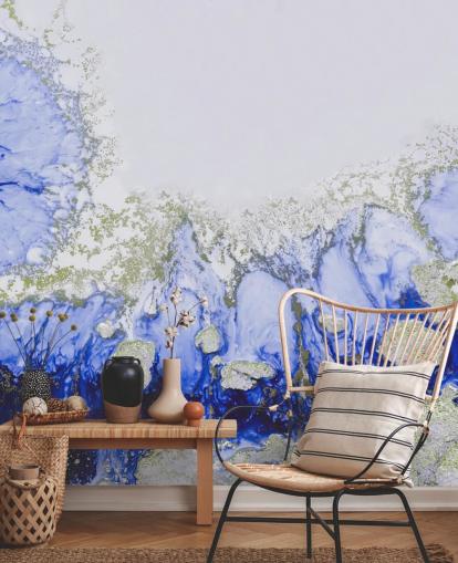 mural de parede abstrato personalizado em azul e dourado chamado Treasure Reef de Petra Meikle de Vlas mural de parede abstrato personalizado em azul e dourado chamado Treasure Reef de Petra Meikle de Vlas