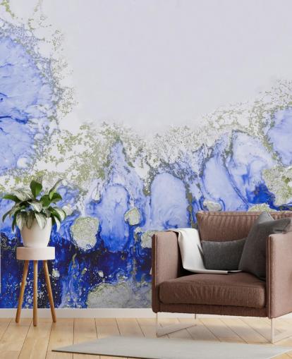 maßgefertigtes abstraktes Wandbild in Blau und Gold namens Treasure Reef von Petra Meikle de Vlas