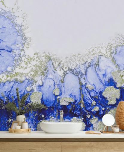 blauwe en gouden abstracte muurschildering op maat genaamd Treasure Reef door Petra Meikle de Vlas