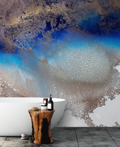 blue and gold customisable wall mural called Turning Tides by Petra Meikle de Vlas for bedrooms and bathrooms