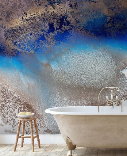 blue and gold customisable wall mural called Turning Tides by Petra Meikle de Vlas for bedrooms and bathrooms