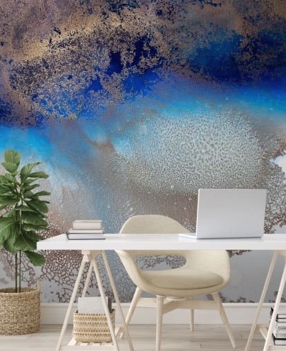 blue and gold customisable wall mural called Turning Tides by Petra Meikle de Vlas for bedrooms and bathrooms
