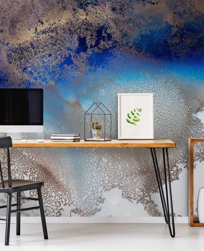 blue and gold customisable wall mural called Turning Tides by Petra Meikle de Vlas for bedrooms and bathrooms