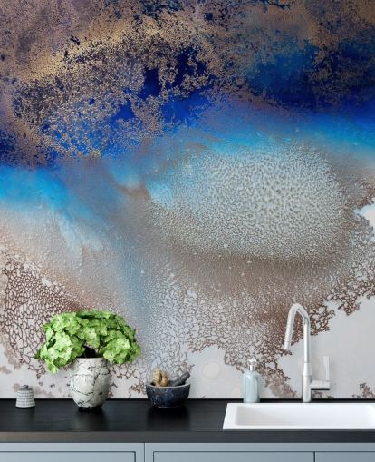 blue and gold customisable wall mural called Turning Tides by Petra Meikle de Vlas for bedrooms and bathrooms