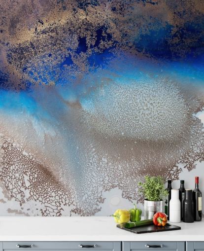 mural de pared personalizable azul y dorado llamado Turning Tides de Petra Meikle de Vlas para dormitorios y baños mural de pared personalizable azul y dorado llamado Turning Tides de Petra Meikle de Vlas para dormitorios y baños