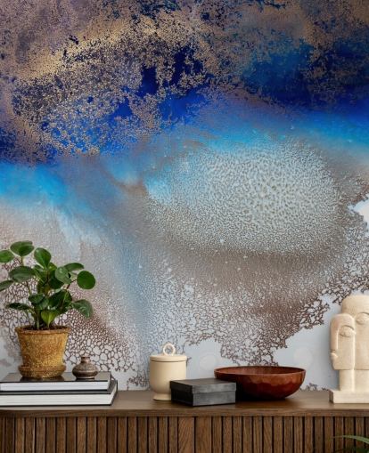 blauwe en gouden aanpasbare muurschildering genaamd Turning Tides van Petra Meikle de Vlas voor slaapkamers en badkamers blauwe en gouden aanpasbare muurschildering genaamd Turning Tides van Petra Meikle de Vlas voor slaapkamers en badkamers