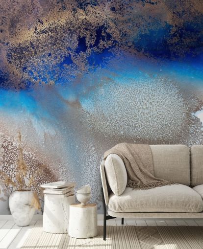 blue and gold customisable wall mural called Turning Tides by Petra Meikle de Vlas for bedrooms and bathrooms