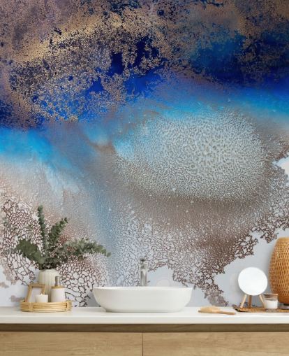 blue and gold customizable wall mural called Turning Tides by Petra Meikle de Vlas for bedrooms and bathrooms