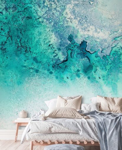 mural de pared oceánico abstracto personalizable de color turquesa llamado Turquoise Whispering de Petra Meikle de Vlas