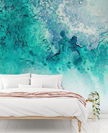 fresque murale abstraite personnalisable turquoise appelée Turquoise Whispering par Petra Meikle de Vlas