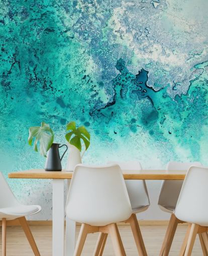 turquoise aanpasbare abstracte oceaanmuurschildering genaamd Turquoise Whispering van Petra Meikle de Vlas