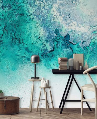 turkos anpassningsbar abstrakt havväggmålning som heter Turquoise Whispering av Petra Meikle de Vlas turkos anpassningsbar abstrakt havväggmålning som heter Turquoise Whispering av Petra Meikle de Vlas