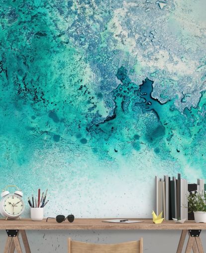 mural de pared oceánico abstracto personalizable de color turquesa llamado Turquoise Whispering de Petra Meikle de Vlas