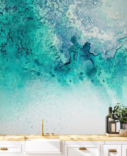mural de pared oceánico abstracto personalizable de color turquesa llamado Turquoise Whispering de Petra Meikle de Vlas