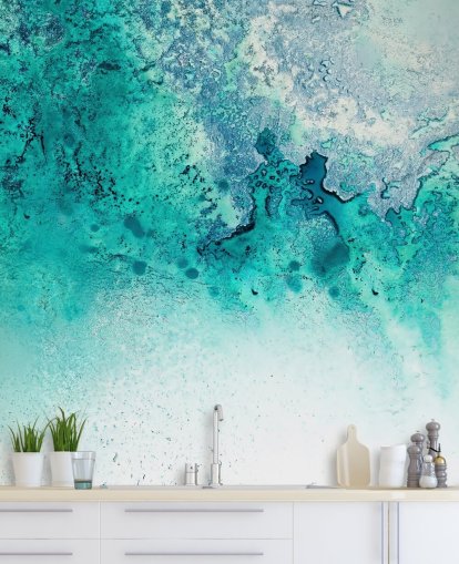 turkis tilpassbart abstrakt havveggmaleri kalt Turquoise Whispering av Petra Meikle de Vlas