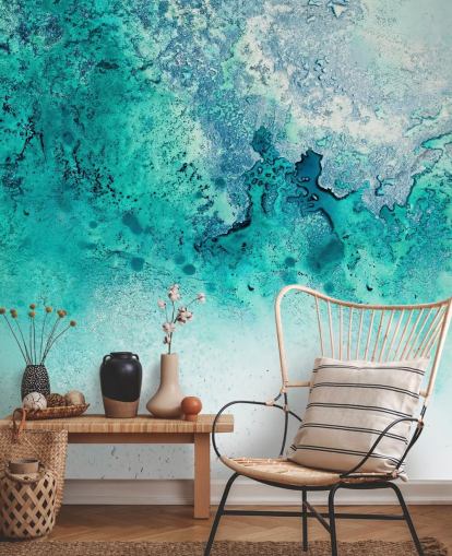 murale astratto oceanico turchese personalizzabile chiamato Turquoise Whispering di Petra Meikle de Vlas murale astratto oceanico turchese personalizzabile chiamato Turquoise Whispering di Petra Meikle de Vlas