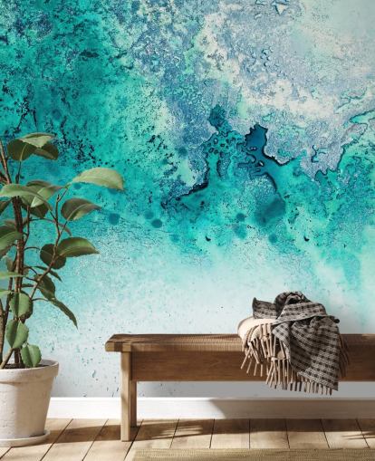 turkos anpassningsbar abstrakt havväggmålning som heter Turquoise Whispering av Petra Meikle de Vlas turkos anpassningsbar abstrakt havväggmålning som heter Turquoise Whispering av Petra Meikle de Vlas