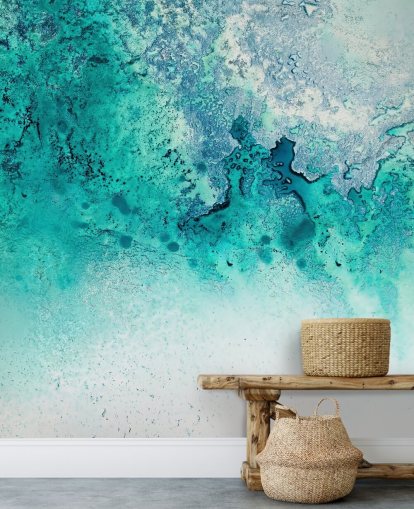mural de pared oceánico abstracto personalizable de color turquesa llamado Turquoise Whispering de Petra Meikle de Vlas