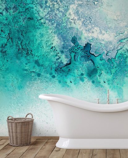 turkis tilpassbart abstrakt havveggmaleri kalt Turquoise Whispering av Petra Meikle de Vlas turkis tilpassbart abstrakt havveggmaleri kalt Turquoise Whispering av Petra Meikle de Vlas