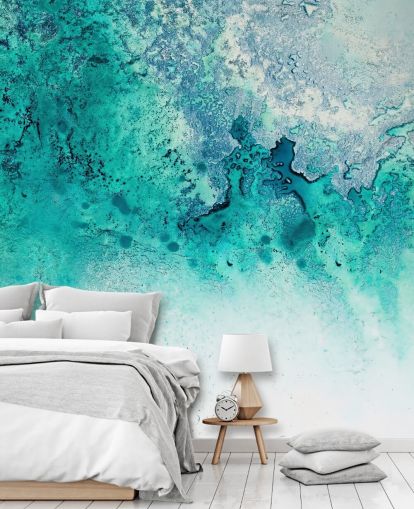 turkis tilpassbart abstrakt havveggmaleri kalt Turquoise Whispering av Petra Meikle de Vlas turkis tilpassbart abstrakt havveggmaleri kalt Turquoise Whispering av Petra Meikle de Vlas