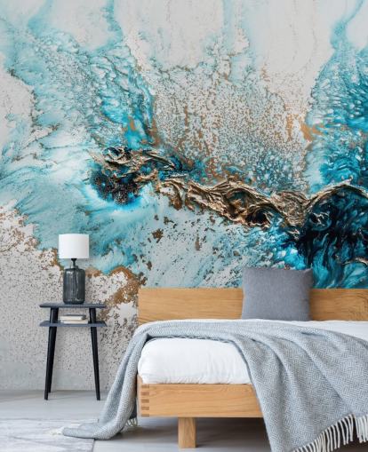 murale personalizzabile bianco, blu e oro chiamato Twisted di Petra Meikle de Vlas per home office, camere da letto e cucine