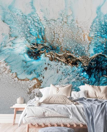 peinture murale personnalisable blanche, bleue et dorée appelée Twisted de Petra Meikle de Vlas pour les bureaux à domicile, les chambres et les cuisines peinture murale personnalisable blanche, bleue et dorée appelée Twisted de Petra Meikle de Vlas pour les bureaux à domicile, les chambres et les cuisines