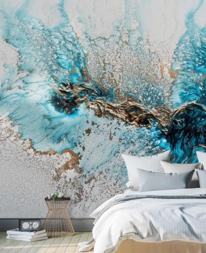 white, blue and gold customisable wall mural called Twisted by Petra Meikle de Vlas for home offices, bedrooms and kitchens