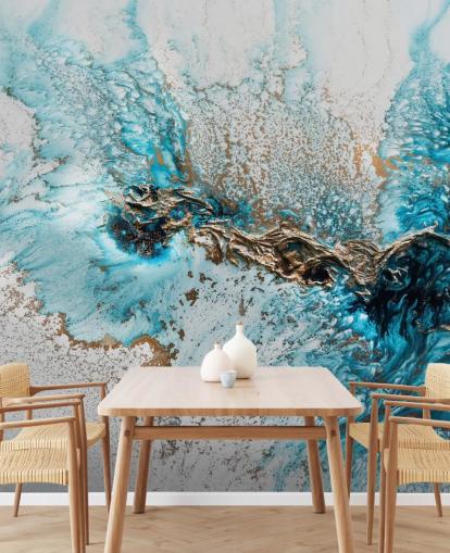 mural de pared personalizable blanco, azul y dorado llamado Twisted de Petra Meikle de Vlas para oficinas domésticas, dormitorios y cocinas