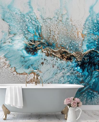 white, blue and gold customisable wall mural called Twisted by Petra Meikle de Vlas for home offices, bedrooms and kitchens