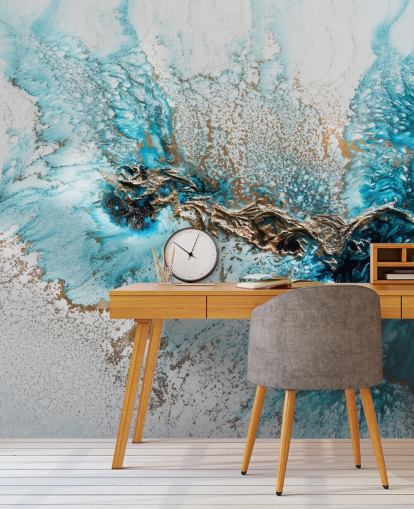 murale personalizzabile bianco, blu e oro chiamato Twisted di Petra Meikle de Vlas per home office, camere da letto e cucine