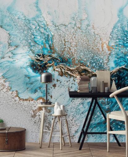 peinture murale personnalisable blanche, bleue et dorée appelée Twisted de Petra Meikle de Vlas pour les bureaux à domicile, les chambres et les cuisines