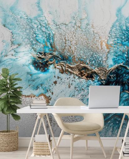 white, blue and gold customisable wall mural called Twisted by Petra Meikle de Vlas for home offices, bedrooms and kitchens