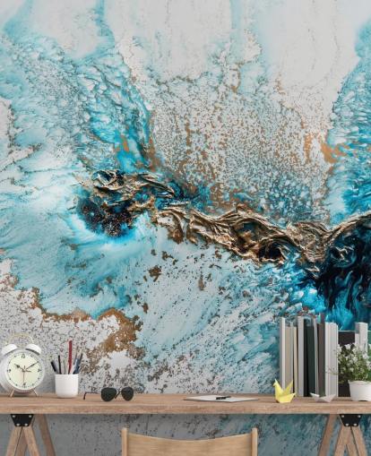 aanpasbare muurschildering in wit, blauw en goud genaamd Twisted van Petra Meikle de Vlas voor thuiskantoren, slaapkamers en keukens