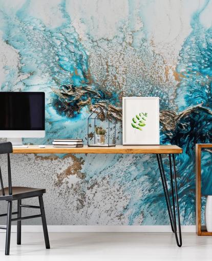 murale personalizzabile bianco, blu e oro chiamato Twisted di Petra Meikle de Vlas per home office, camere da letto e cucine