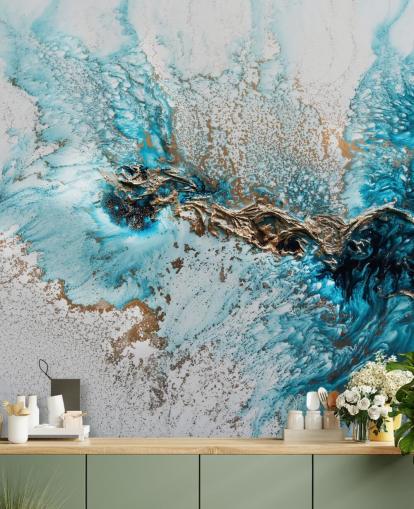 murale personalizzabile bianco, blu e oro chiamato Twisted di Petra Meikle de Vlas per home office, camere da letto e cucine