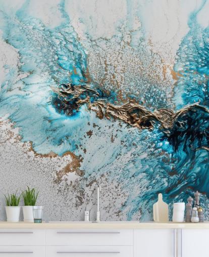 white, blue and gold customizable wall mural called Twisted by Petra Meikle de Vlas for home offices, bedrooms and kitchens