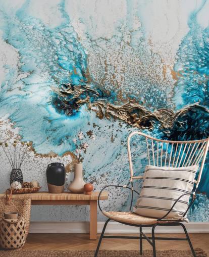 murale personalizzabile bianco, blu e oro chiamato Twisted di Petra Meikle de Vlas per home office, camere da letto e cucine