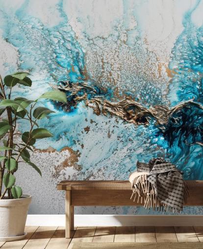 mural de pared personalizable blanco, azul y dorado llamado Twisted de Petra Meikle de Vlas para oficinas domésticas, dormitorios y cocinas