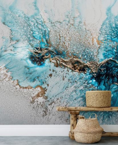 white, blue and gold customisable wall mural called Twisted by Petra Meikle de Vlas for home offices, bedrooms and kitchens