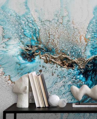 mural de pared personalizable blanco, azul y dorado llamado Twisted de Petra Meikle de Vlas para oficinas domésticas, dormitorios y cocinas