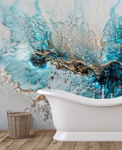 mural de parede personalizável branco, azul e dourado chamado Twisted de Petra Meikle de Vlas para escritórios domésticos, quartos e cozinhas