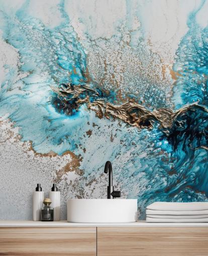 peinture murale personnalisable blanche, bleue et dorée appelée Twisted de Petra Meikle de Vlas pour les bureaux à domicile, les chambres et les cuisines