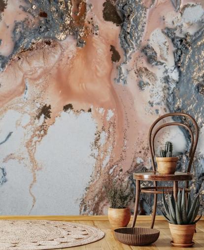 roze, grijze en gouden abstracte muurschildering op maat genaamd Unearthing van Petra Meikle de Vlas voor slaapkamers en woonkamers